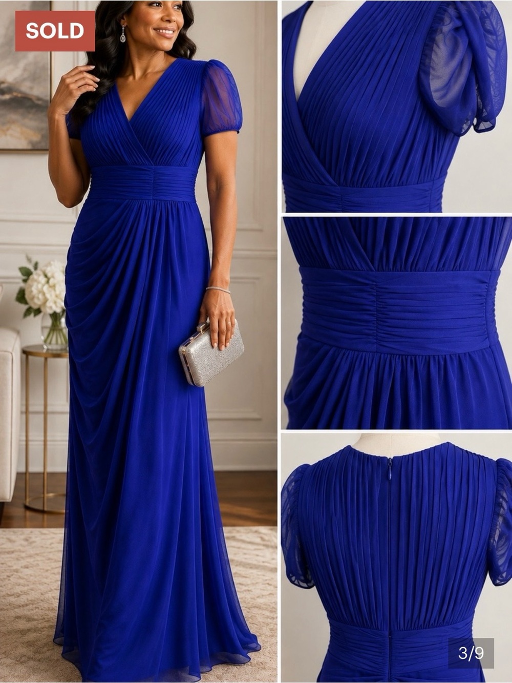 Adrianna Papell 10P Royal Blue Pleated Ruched Draped Formal Evening Maxi Gown